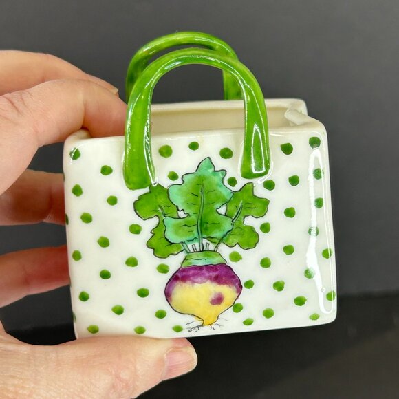 Porcelain Hand Painted USA Mini Tote Bag Purse Trinket Radish Handle Green Polka - Picture 1 of 7